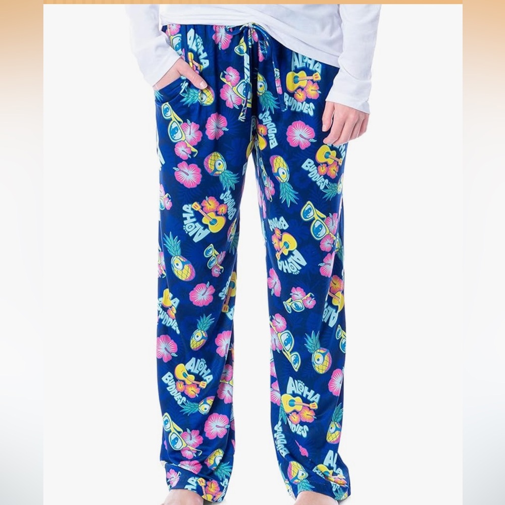 Despicable Me Minions Blue Floral Tropical Women’s Pajama Pants Size XL Lounge
